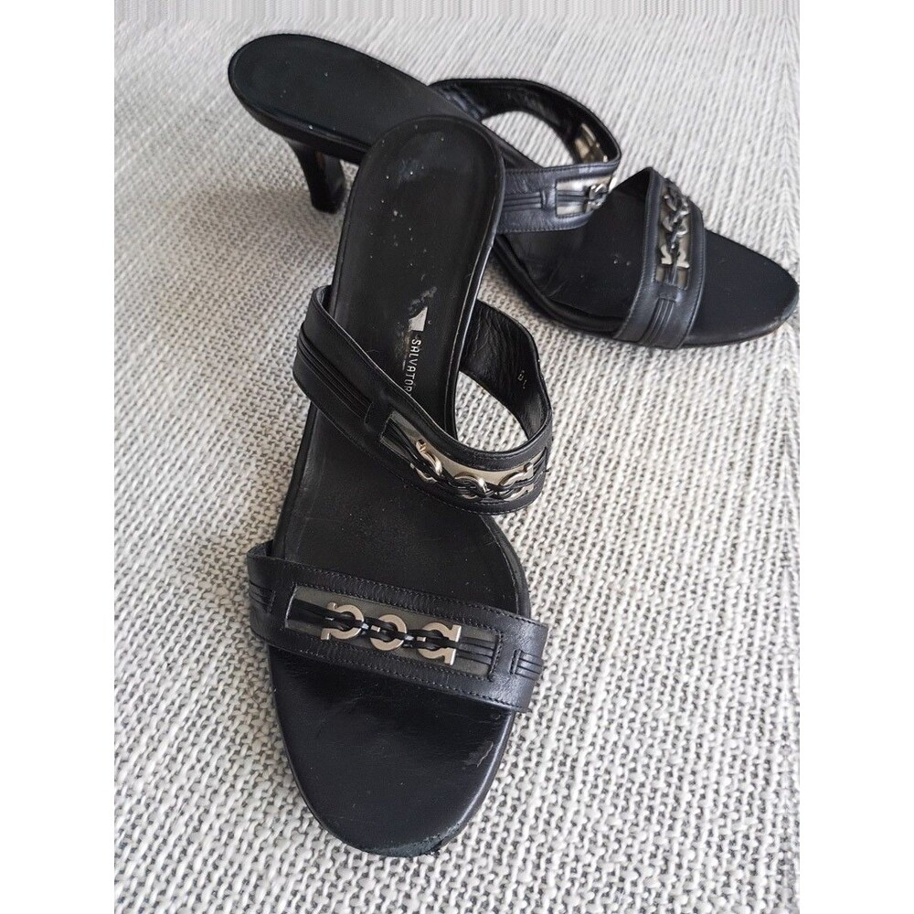 Salvatore Ferragamo Black Leather Slide Sandals Size 9.5 Kitten Heel Clear Strap